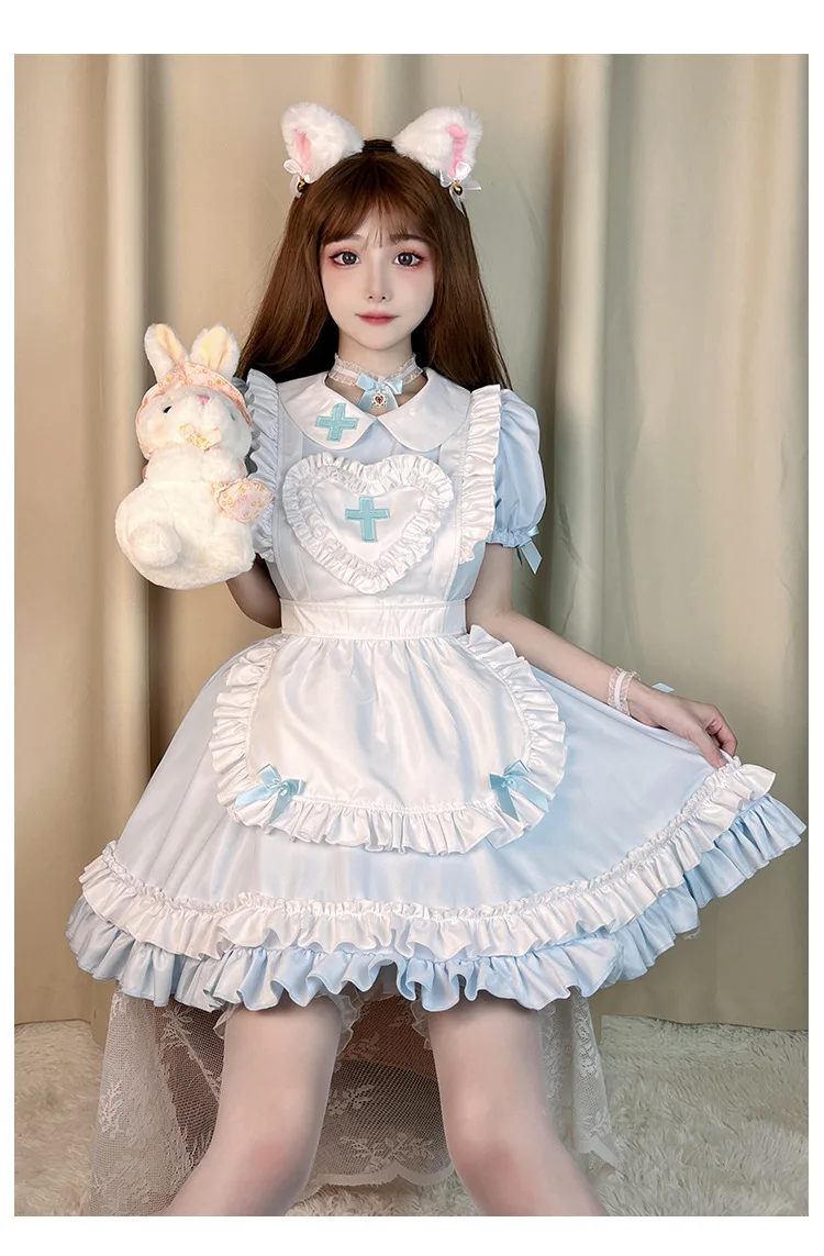 IOOTIANY Gothic Lolita Cosplay, japanisches Anime-Kostüm, cremefarbenes, herzförmiges, rosafarbenes Lolita-Kleid, Kostüm im Stil einer Dienstmädchenuniform, kurzärmelige Krankenschwesteruniform. – Detail 8