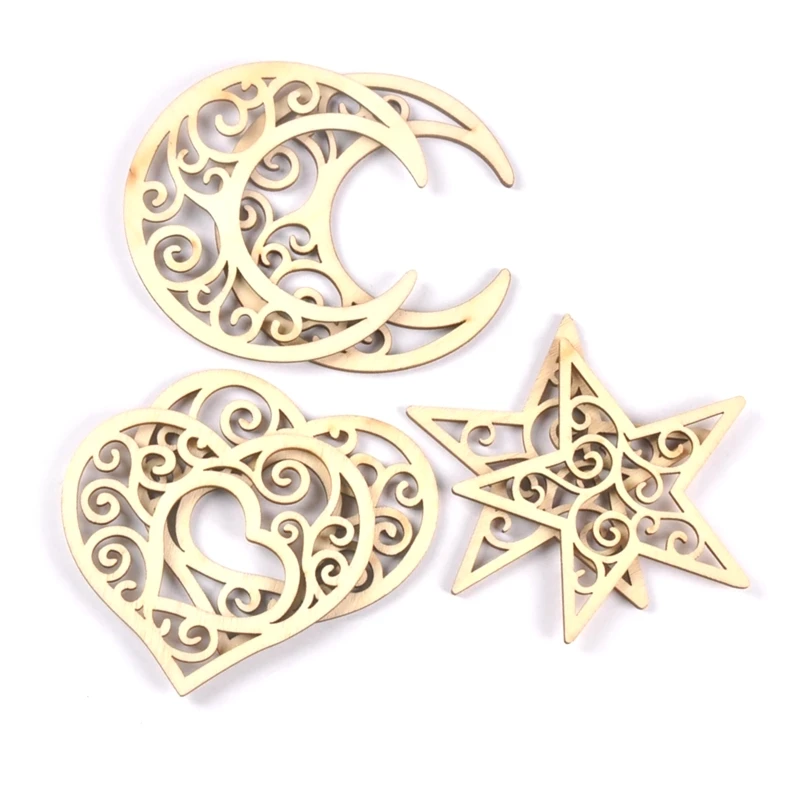 Unfinished Moon Star Heart Hollow Wooden Chips 10 Pcs Unfinished Chip for DIY Eid Ornament Hanging Pendant 45BE