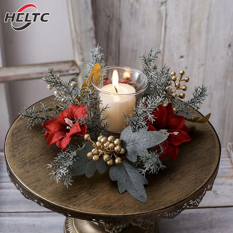 1pcs Christmas Candlestick Wreath Artificial Flowers Garland Candle Ring Xmas Table Decoration Candle Holder Wreath Home Decor