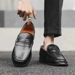 Men's Driving Loafers Cow Split Leather Black Dress Shoes Italian Designer Handmade Slip-On Moccasins Shoes Men