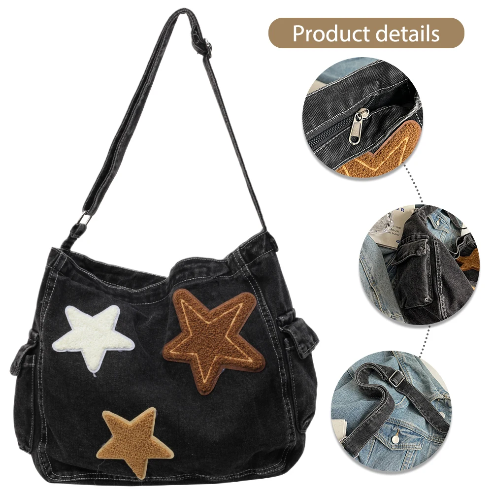 Star Denim Shoulder Bag Large Capacity Trendy Crossbody Bag with Zipper Adjustable Strap Fashion Handbag Multi Pocket for Women