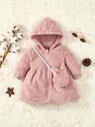 Baby Girl Plush Hooded Dress Long Sleeves Zippers Warm Coat Skirt+Cute Shoulder Bag Autumn&Winter Outfit for Toddler Girl 1-3Age