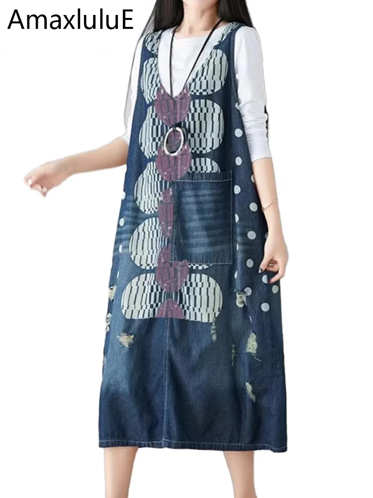 

Amax luluE European Luxury Design Spring Female Denim Sleeveless Dress Womens Vintage Vest Dress Female Elagant Printed Vestidos