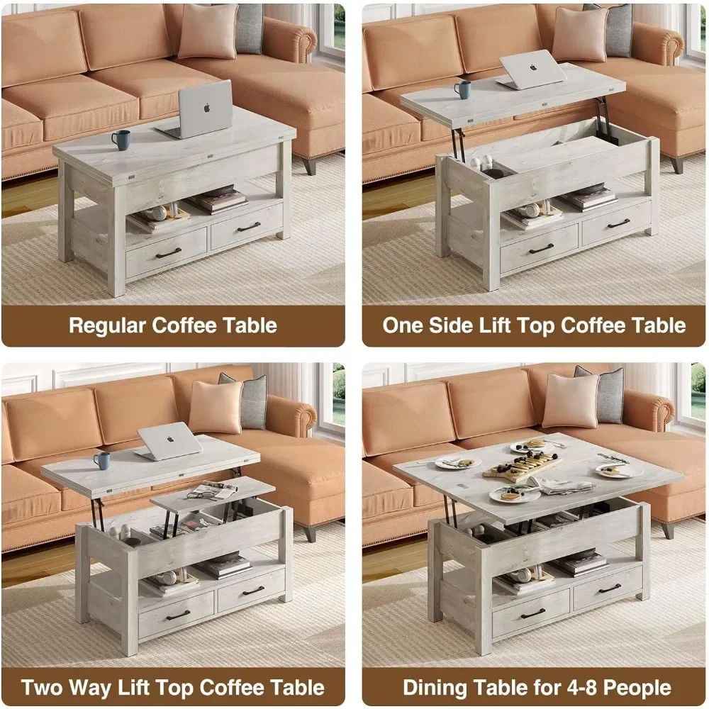 Coffee table with raised top, multifunctional coffee table that converts into a dining table with drawers, hidden compartments