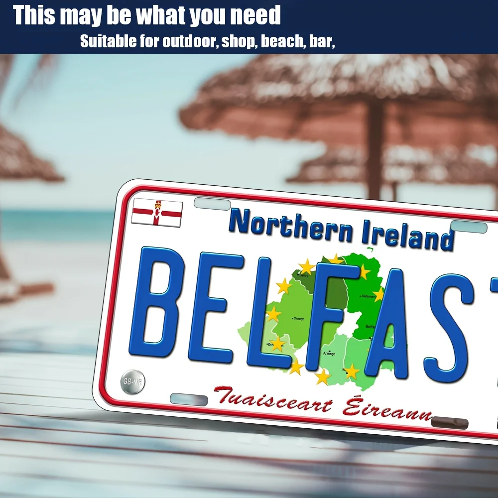 Réplica de matrícula de Belfast, Irlanda del Norte, vintage, plana 2D, decoración de pared de metal resistente de aluminio