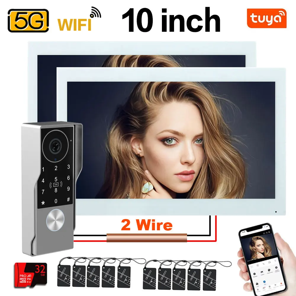 Videoportero de 2 hilos de 7/10 pulgadas con 2 monitores, compatible con la aplicación TUYA, desbloqueo por tarjeta IC y PIN, sistema de videoportero inteligente para el hogar, 1080P