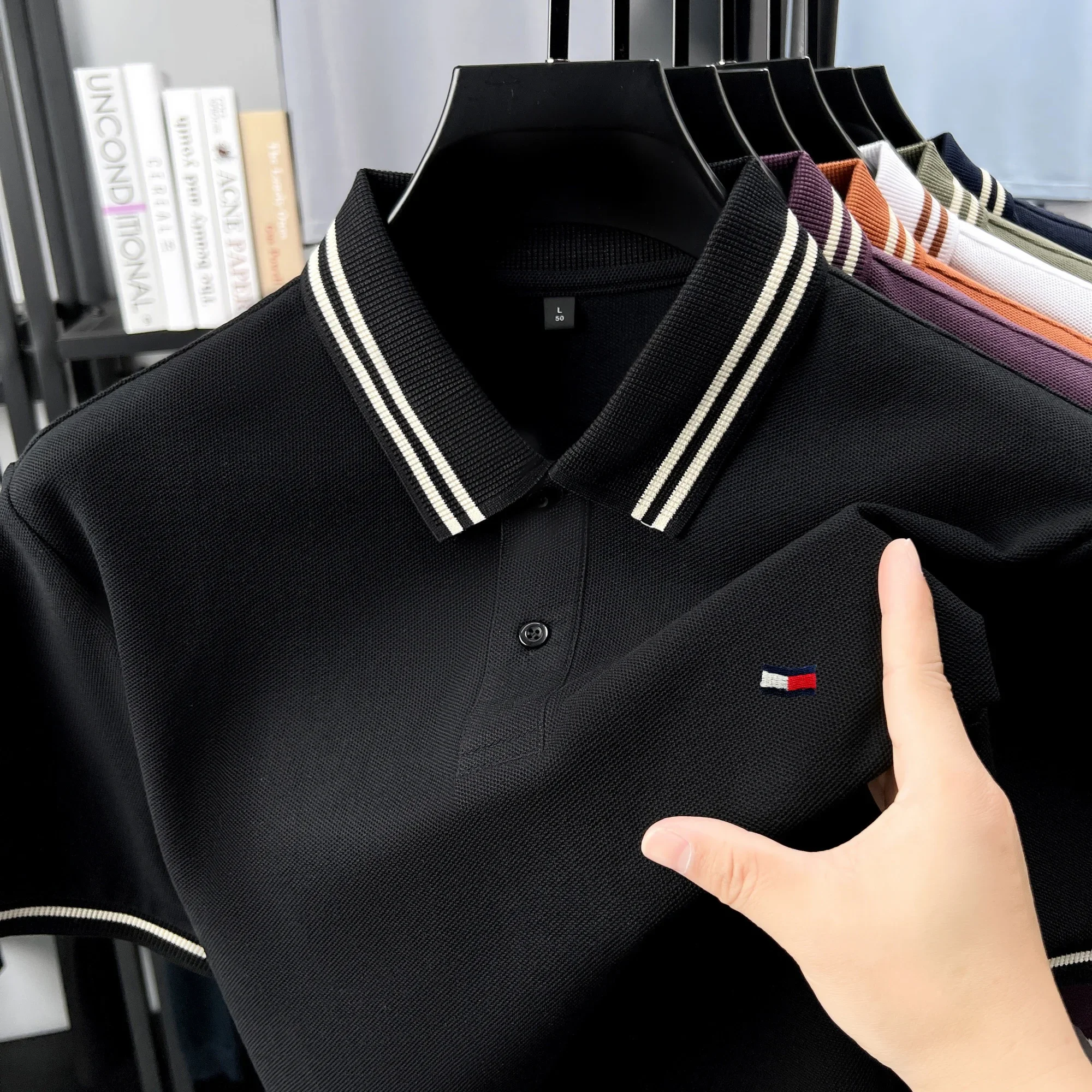 

100% pure cotton summer men original embroidered short sleeved fashionable striped lapel shirt polo shirt breathable T-shirt top