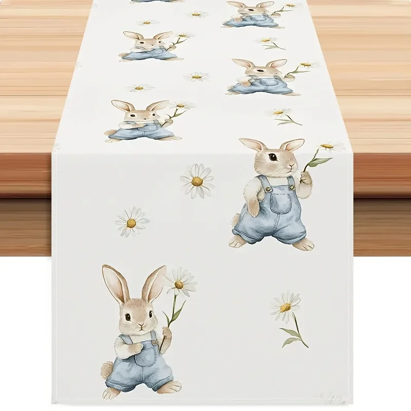 1pc Easter Bunny & Daisy Table Runner Linen 2D Print - Watercolor Cute Rabbit Design, Perfect for Kitchen Dining Room Decor & Ho