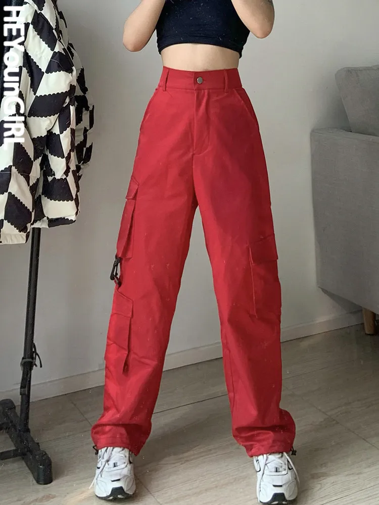 

HEYounGIRL Joggers For Women Casual Red Cargo Pants Hight Waist Streetwear Pockets Korean Fashion Sweatpants Drawstring Trousers