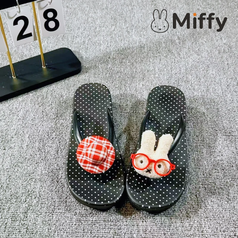 Kawaii Miffy Thick Sole Flip Flops Black Polka Dot Slip Resistant Toe Post Slippers Casual Sandals for Summer Outdoor Footwear