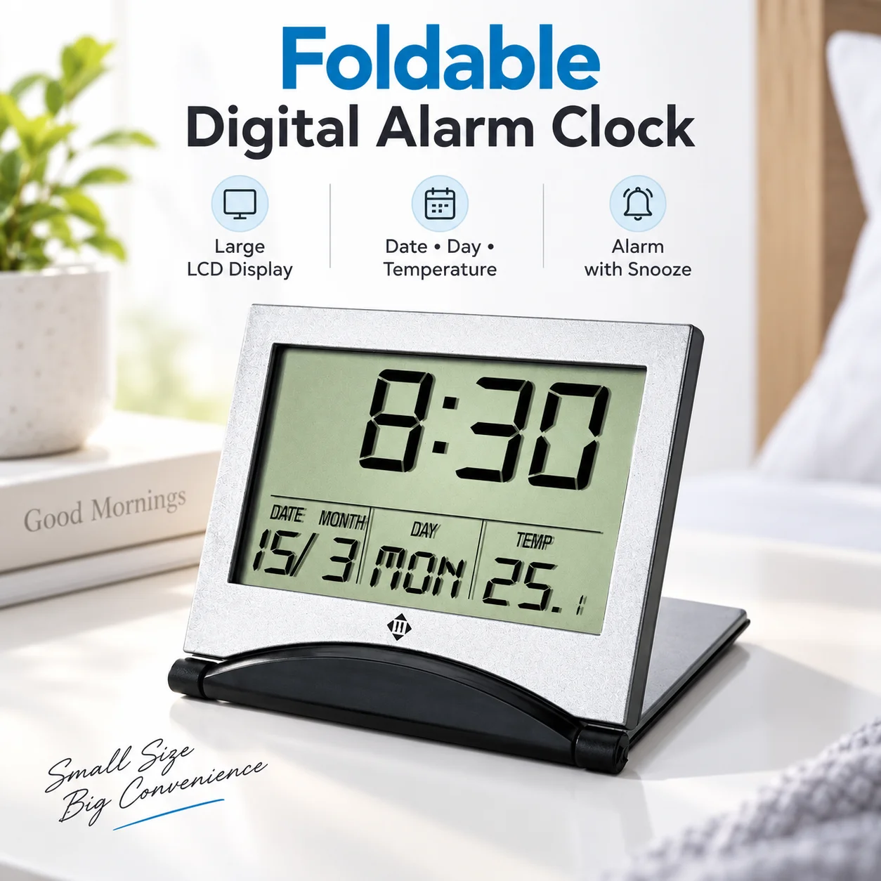 Sveglia digitale pieghevole con indicazione di data, giorno, temperatura, funzione snooze e timer, orologio da comodino compatto, ideale per viaggi e da scrivania, con display LCD.