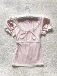 Pink Lace T-shirt Sweet Girl Clothes Bow Bandage stringy selvedge Tops Vintage 90s Clothes T shirts Femme Crop Top Kawaii Tops