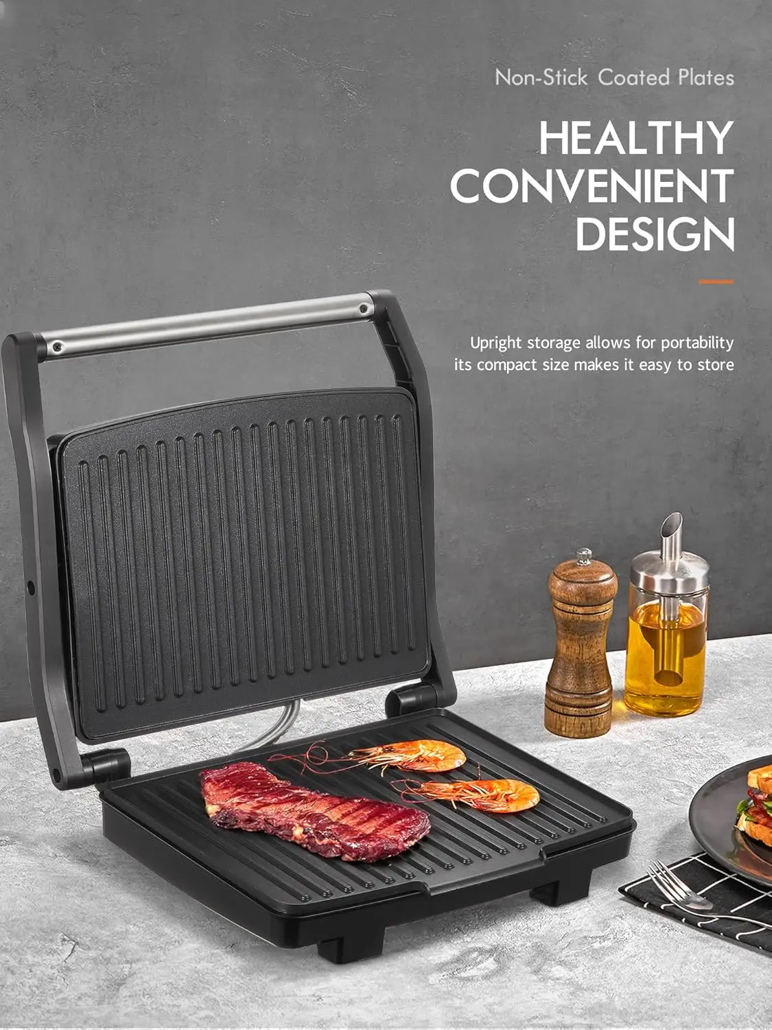 Panini Press Grill, Gourmet Sandwich Maker, Elektrische binnengrill met antiaanbaklaag en verwijderbare lekbak, Gemakkelijk te gebruiken