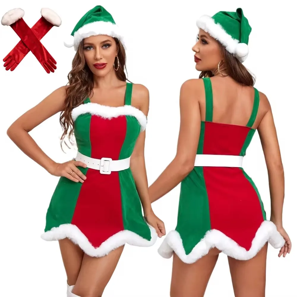 

Christmas Santa Claus Cosplay Costume Xmas Disguise Dress for Women Red Green Sexy Uniform Halloween Carnival Party Clothes