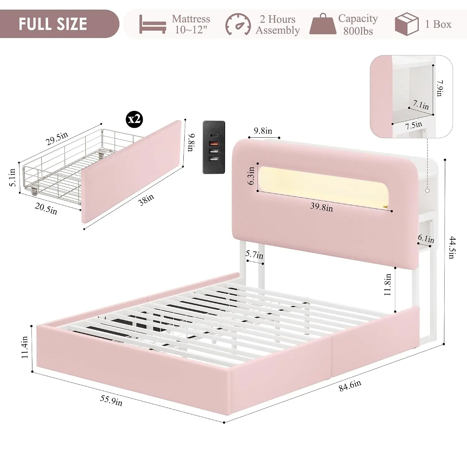 Pink Velvet LED Platform Bed with Storage Headboard, USB Charging, Bookcase & 2 Drawers, No Box Spring Needed, Customized