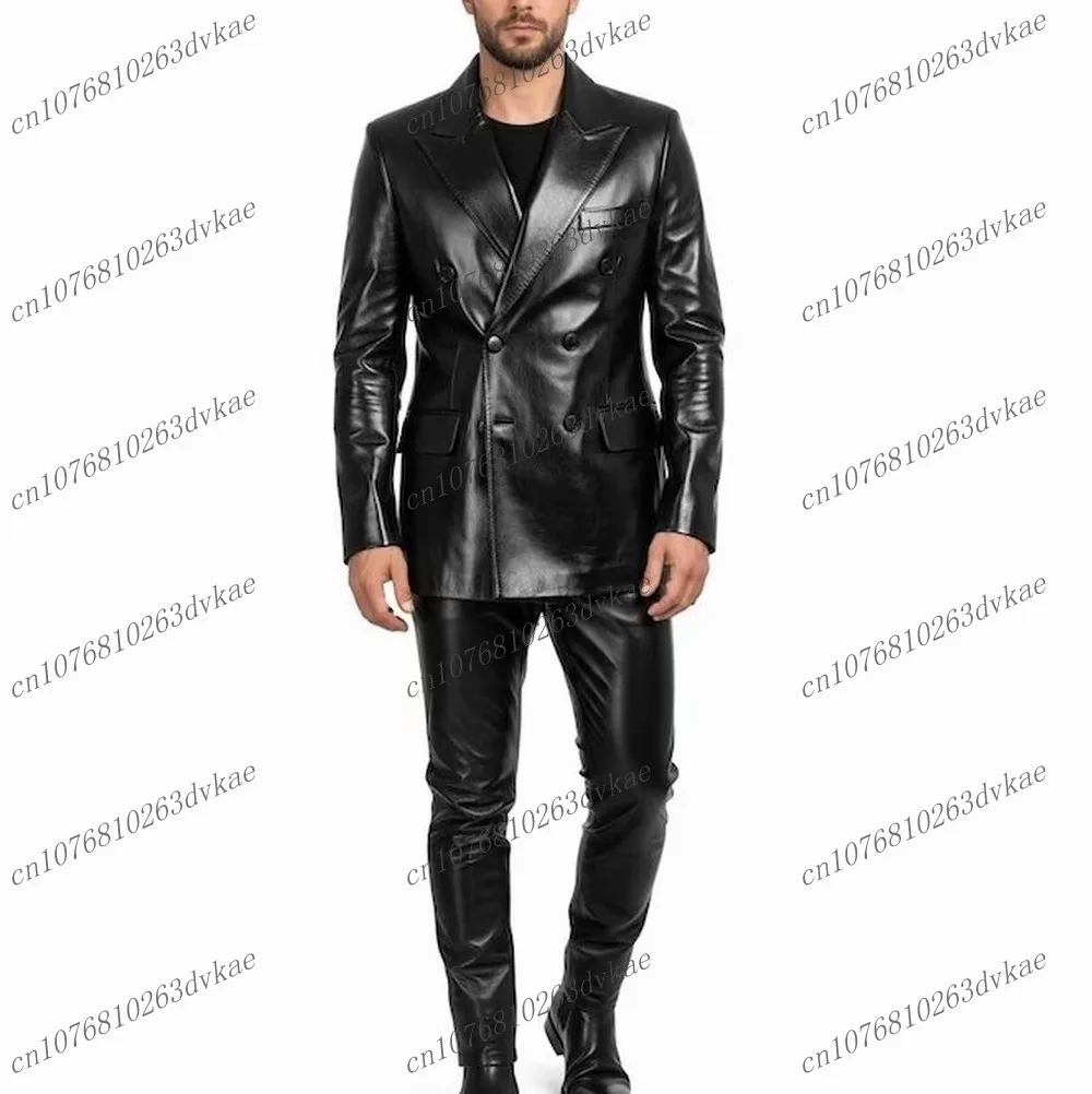 

Black Leather Men Suit Wedding Party Formal Groom Groomsman Prom Business Male Tuxedos 2 Piece Set Jacket Pants