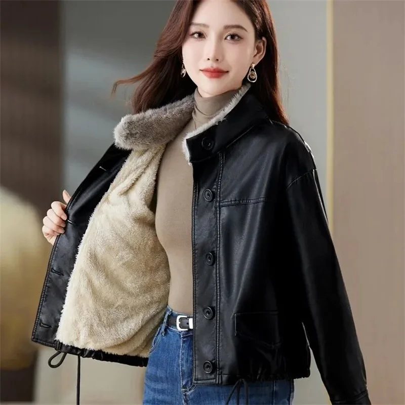 Prendas de vestir de cuero de moda coreana para mujer, chaqueta de piel sintética de manga larga para otoño e invierno, abrigo de cuero PU de ocio para mujer 2025