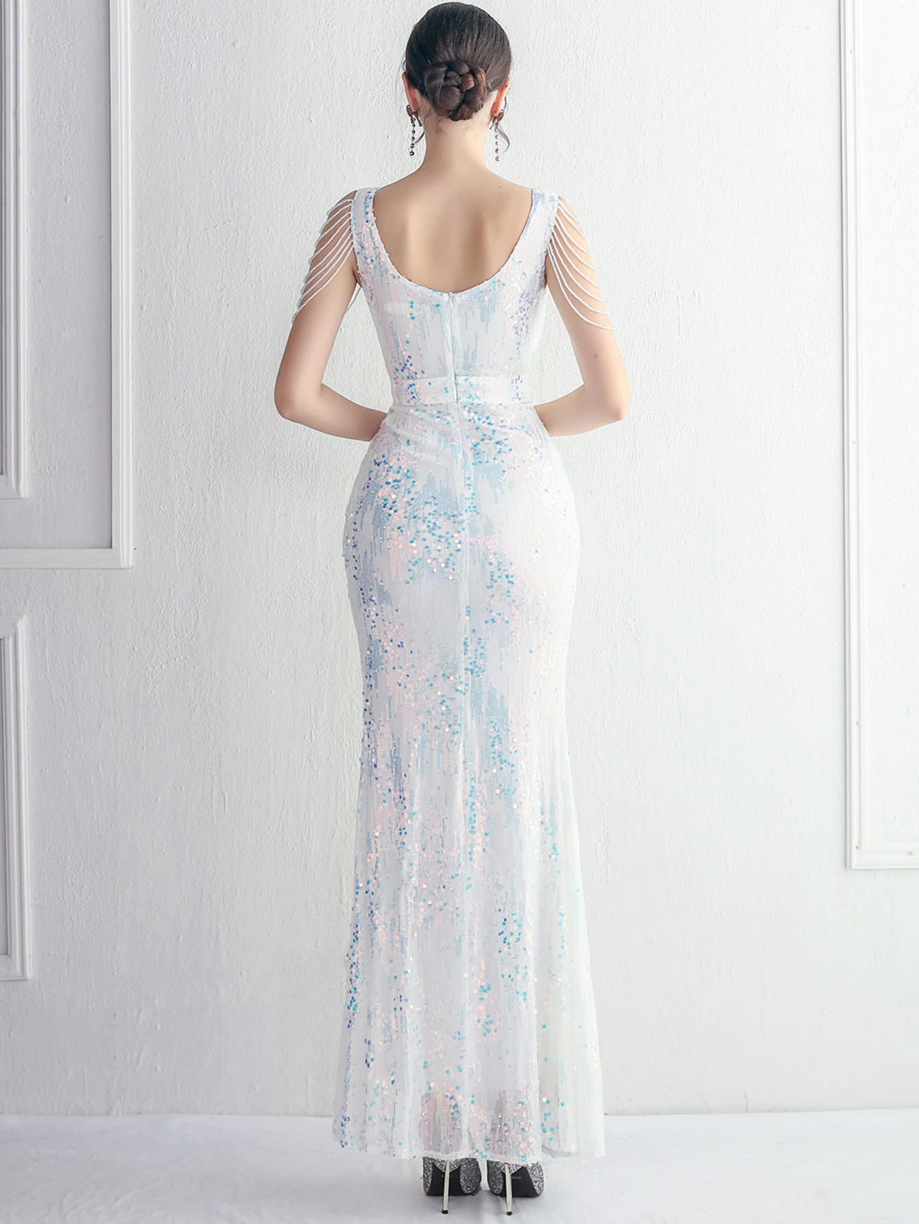 Sexy backless witte pailletten zomerjurk vrouwen elegante verjaardagsfeestje lange jurken voor vrouw luxe prom avondjurk vestidos