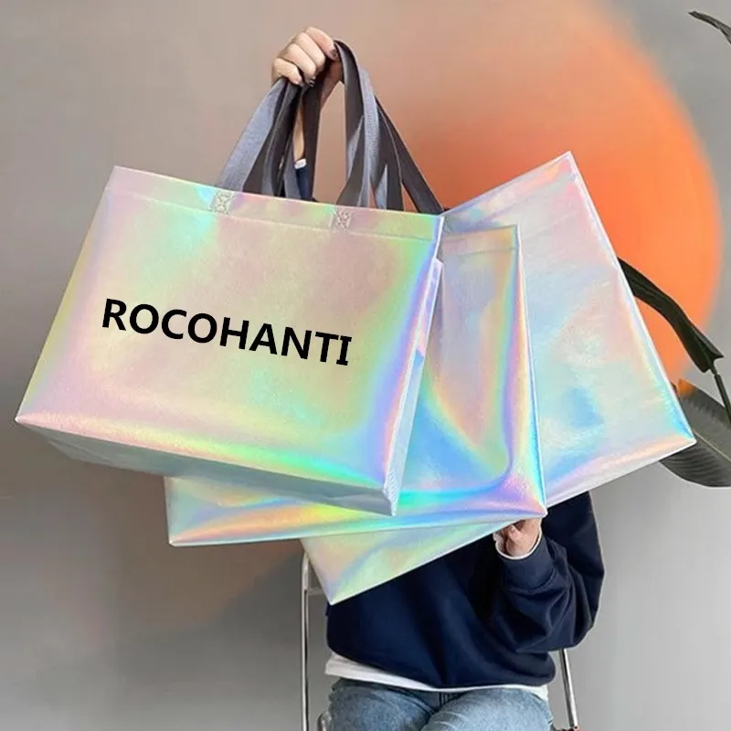 50pcs Wholesale Custom Printed Recycle Reusable holographic silver PP Laminated Non Woven tote Shopping Bag