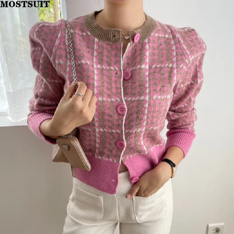 Pink Houndstooth Knit Cardigan Sweaters Women Autumn Winter Long Sleeve Contrast Color Knitwear Stylish Chic Elegant Jumper Tops