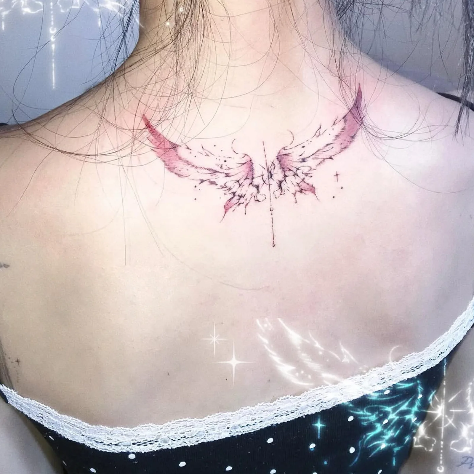 

Pink Mist Angel Wings Back Tattoo Sticker Waterproof Long Lasting Women Niche Advanced Cross Star Sticker
