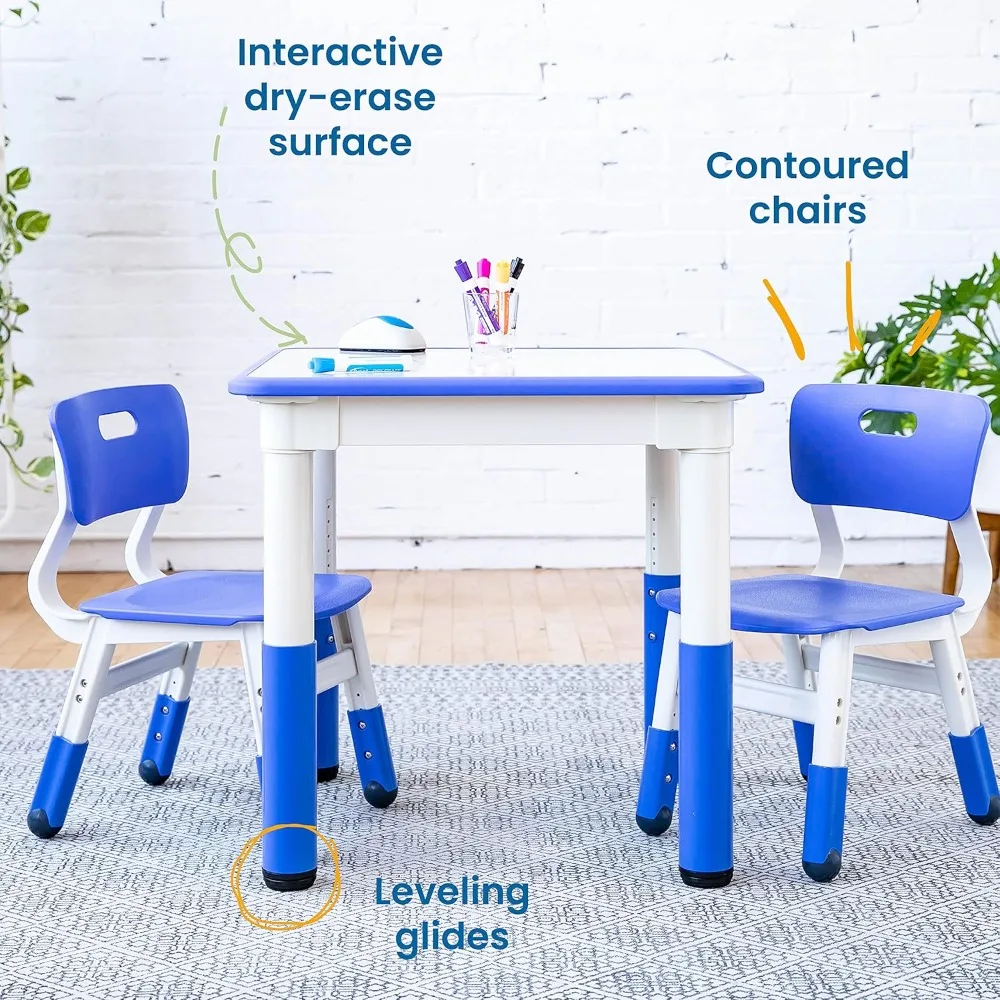Adjustable Blue Dry-Erase Square Table Set with 2 Chairs for Kids' Activities