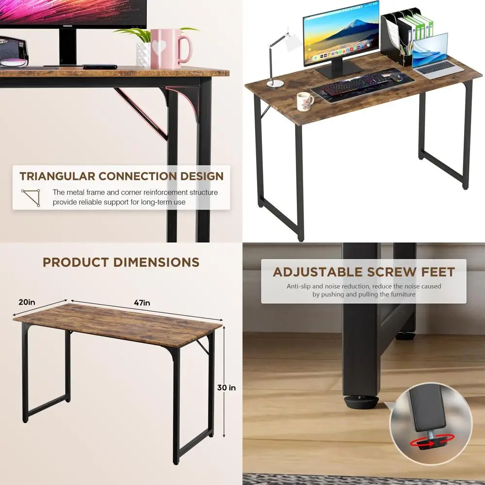 

47 Brown Metal Frame Desk, Adjustable Height, Water and Scratch Resistant, Ideal for Home Office or Study, Set of 1