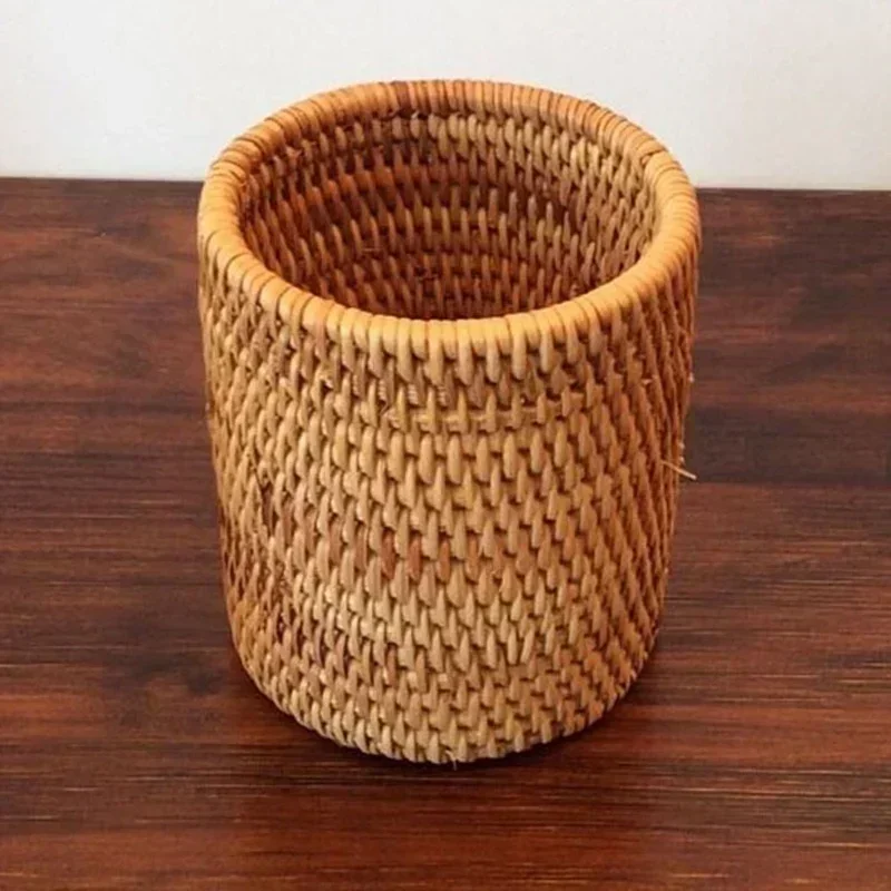 Handmade Pen Holder Handwoven Wood Rattan Stationery Container Storage Box School Desk Accessories Decorative Desktop Organizer