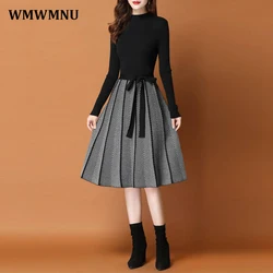 Elegant Knitted Patchwork Sweater Dress Winter Thick Women Pretty Dresses Half Turtleneck Korean Vestidos Knitwears Midi Elbise