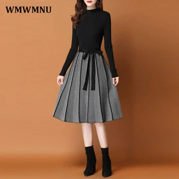 Elegante Gestrickte Patchwork Pullover Kleid Winter Dicke Frauen Hübsche Kleider Hälfte Rollkragen Koreanische Vestidos Strickwaren Midi Elbise