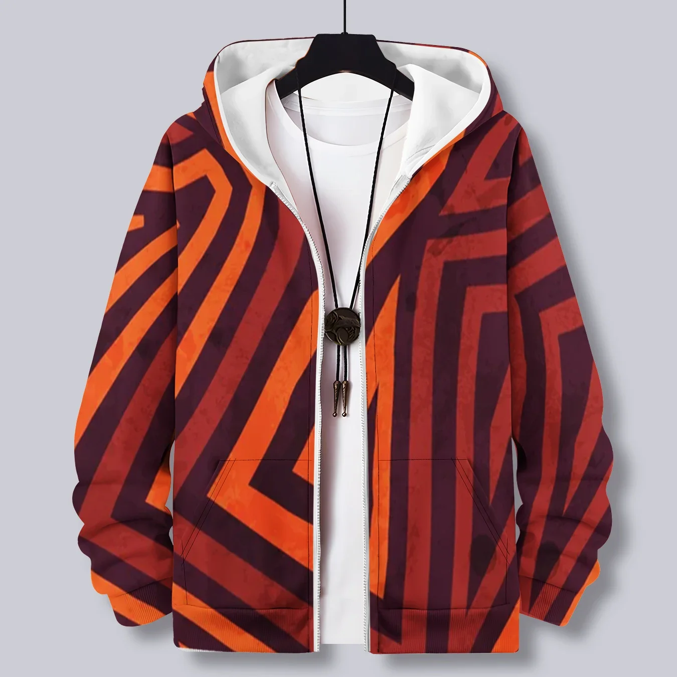 Moletom com capuz e zíper estampado com padrão geométrico multicolorido, jaqueta casual de manga comprida masculina, sweatshirt masculina com capuz, c
