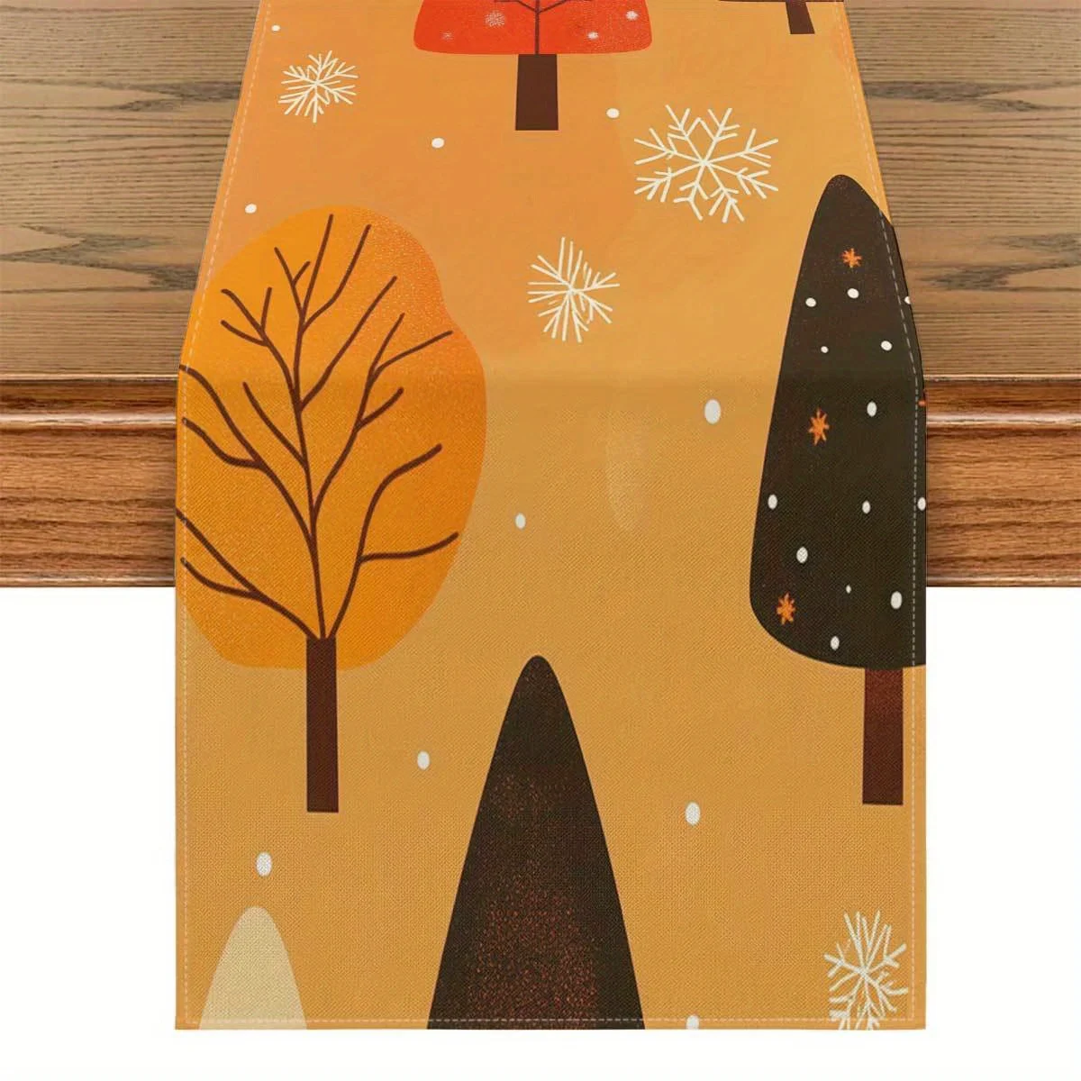 1 pieza de camino de mesa con tema de árbol de otoño e invierno: copos de nieve cálidos de color naranja y marrón con patrón de setas, adecuado para restaurantes, hogares, cafeterías, mercados artesanales y muebles suaves.