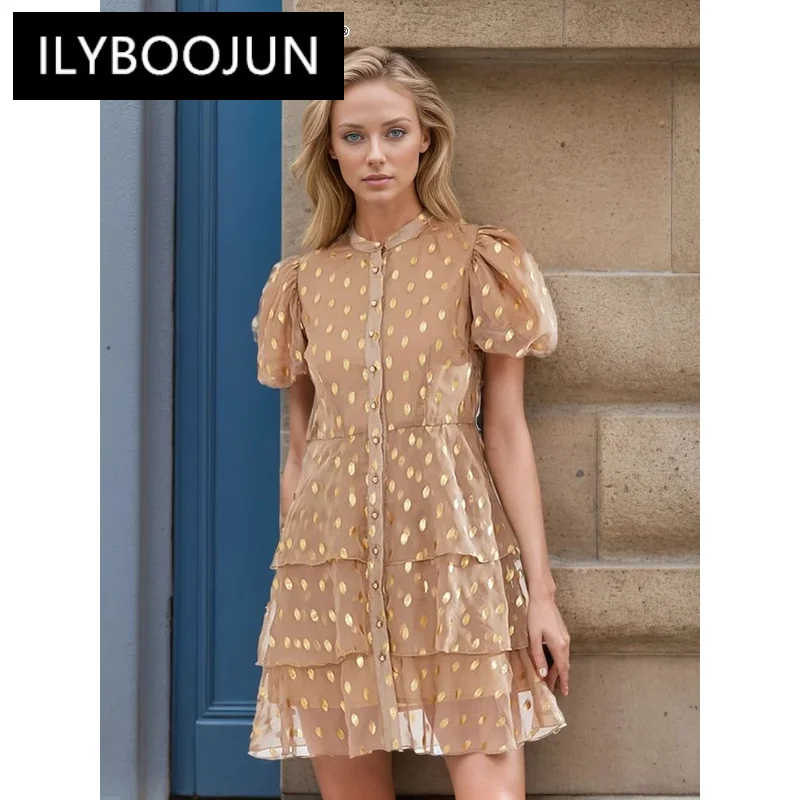 Ilyboojun vestido vintage em camadas com bainha plissada para mulheres, gola redonda, manga curta, cintura alta, mini vestidos estampados, roupas femininas, novo