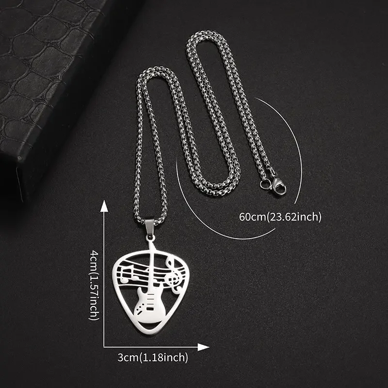 Stainless Steel Guitar Pick Bass Note Pendant Electric Guitar Necklace for Men and Women Music Rock Lovers Punk Hip-Hop Jewelry