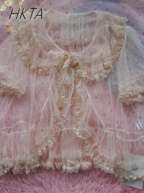 

Lolita Short Sleeve Lace Shirt Light Mesh Summer Thin Blusas Student Lotus Leaf Edge Loose Sweet and Cute Tops Sunscreen Women