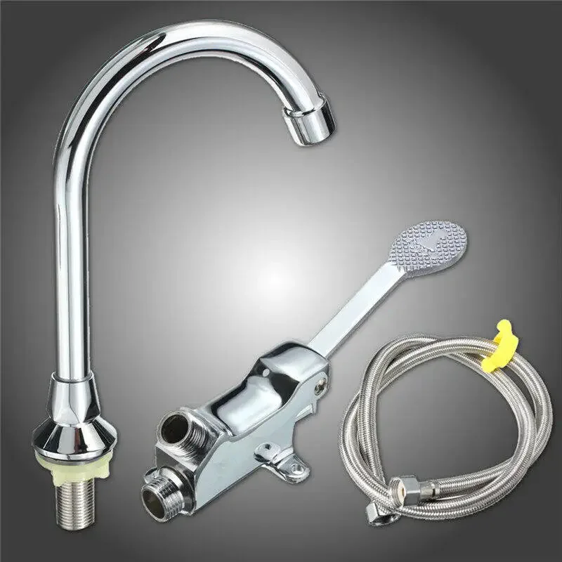 Foot Pedal Valve Faucet Copper Vertical Basin Single Cold Faucet + 1M Flexible Hose and Foot Plate for Bathroom Hospital Hotel