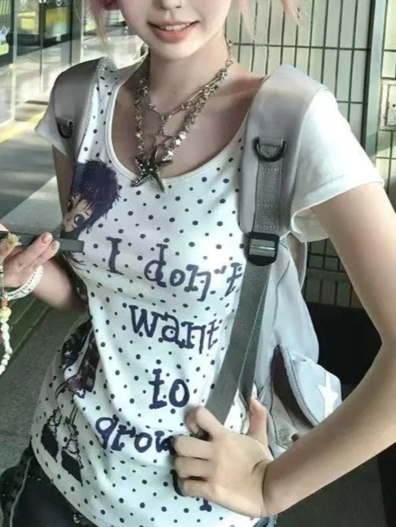 Japanese Y2k Tops Summer Kawaii Harajuku Style Retro Dots Funny Graphic Print T-Shirt Cute Gyaru Slim Fit Cool Tees 2025 New In