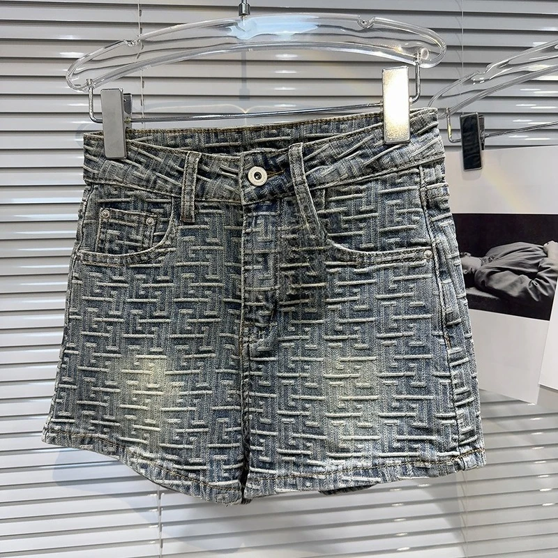 2025 여름 신상 트렌디 슬림핏 슬리밍 A라인 반바지 니치 핫걸 텍스처 패턴 그라데이션 패션 데님 반바지