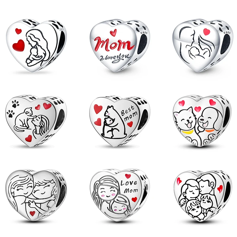 

925 Silver Color Heart Dog Cat Warm Family Charms Beads Fit Pandora 925 Original Bracelets Fine DIY Mother's Day Jewelry Gifts