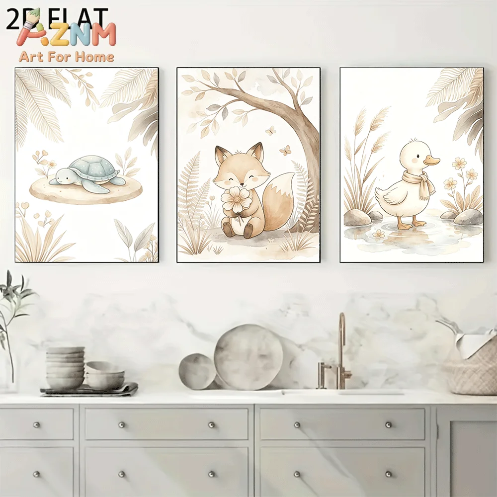 AZNM Frameless Canvas Wall Art, Boho Watercolor Woodland Animal Print, Cute Turtle Fox Duck Botanical Art Poster for Nursery Kid