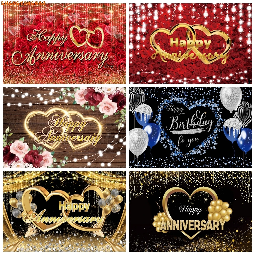 

Happy Anniversary Backdrop Gold Balloon Glitter Love Heart Flower Birthday Party Bridal Shower Wedding Photography Background