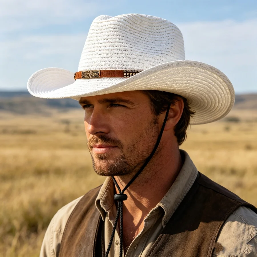 Outdoor-Strohhut im Cowboy-Stil, Unisex-Strohhut mit breiter Krempe und Sonnenschutz, geeignet für Outdoor-Wanderungen, Strandurlaube, tägliche Ausflüge, mit verstellbarem winddichtem Riemen