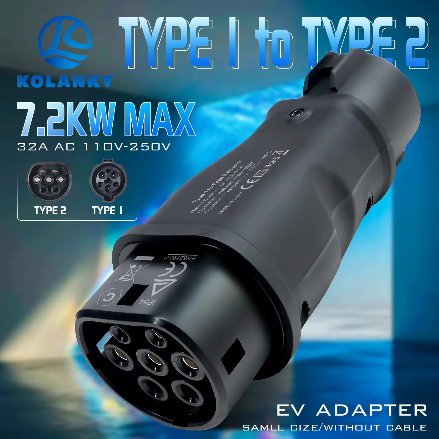 Kolanky 32A 7.2KW EV Charger Adaptor SAE J1772 Plug Type 1 To EU Type 2 Socket Converter For Type 2 Eletric Vehicles Cars