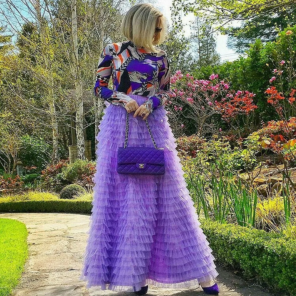 

Light Purple Tutu Tulle Party Skirts Tiered Floor Length Long Women Birthday Skirt Elastic Waist Female Maxi Evening Skirt
