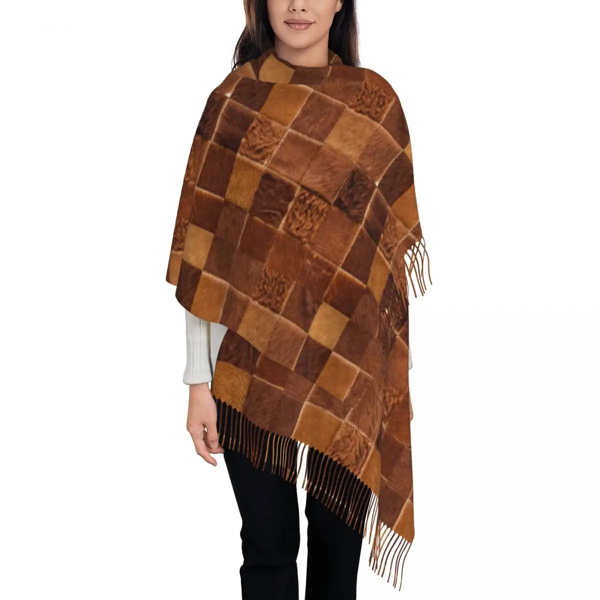 Brown Checkered Cowhide Patches Scarf Women Fall Winter Pashmina Shawl Wrap Animal Fur Leather Texture Large Shawl Scarf Ladies