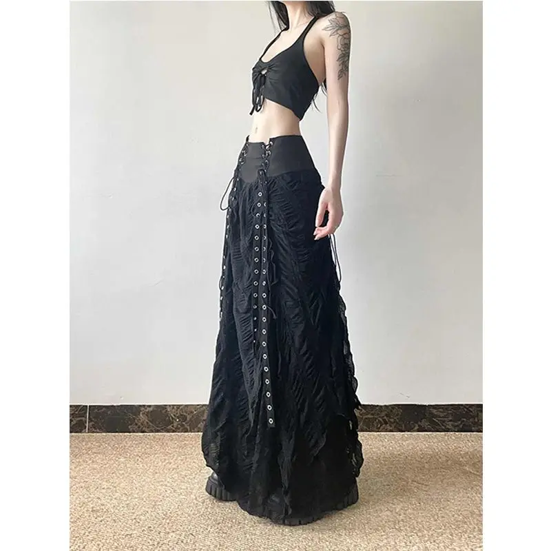 People's Korean Style Idle Lace Mesh Patchwork Long Skirt Autumn and Winter New Temperament High Waist up