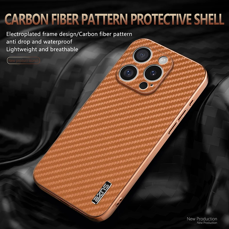 for iPhone 16 15 14 Pro Max Plus Case Carbon Fiber Texture PU Leather Soft Cover Plating Bumper All-round Camera Shell Fundas