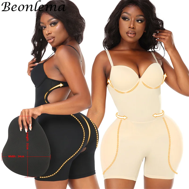 Body And Backless Bra Bodysuit With Cups Push Up Girdle Lifts Buttocks Woman Detachable Butt Pads Hip Enhancer Shapewear