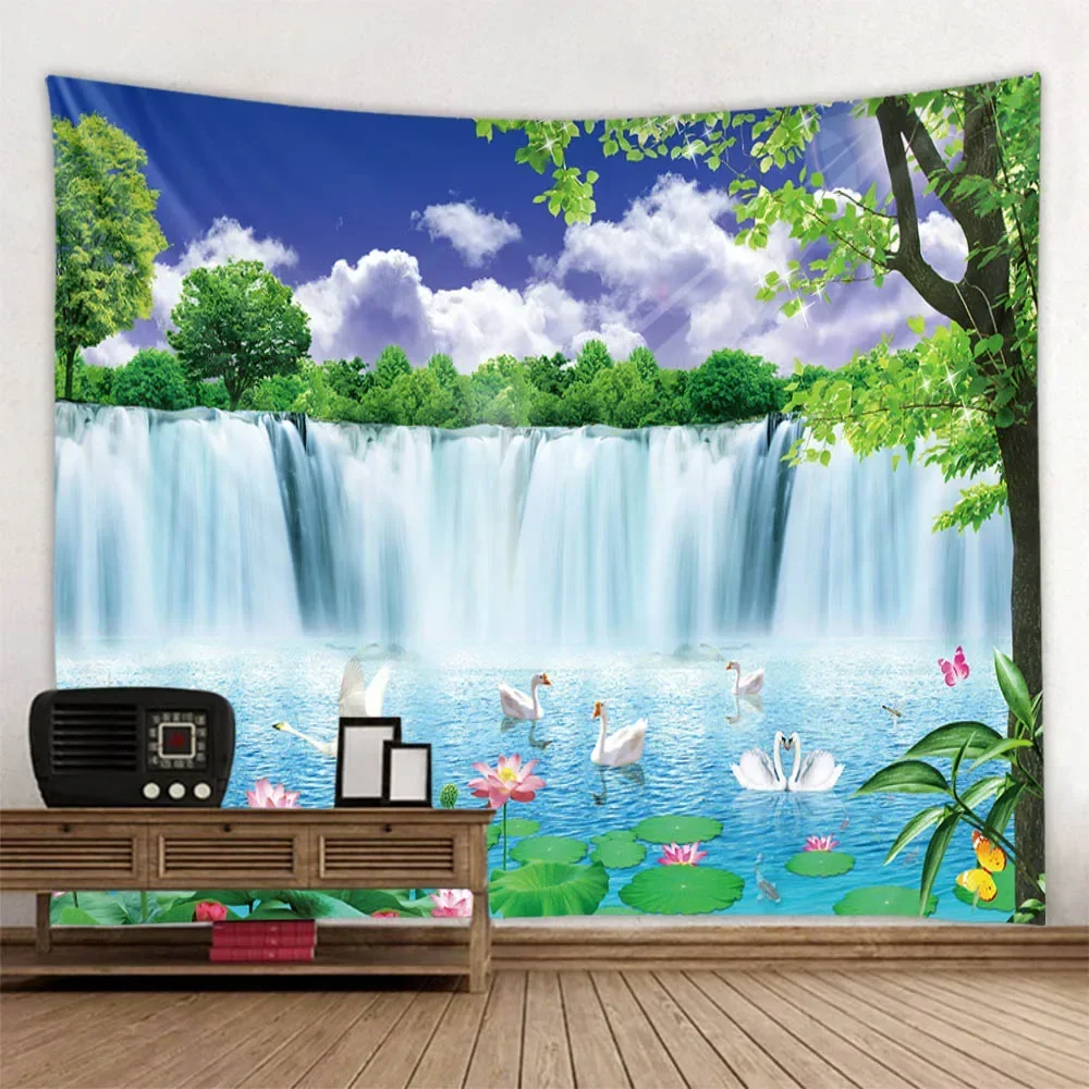 Beautiful forest waterfall tapestry, living room fabric mural, home decoration wall cloth, beach picnic tablecloth, sleeping mat