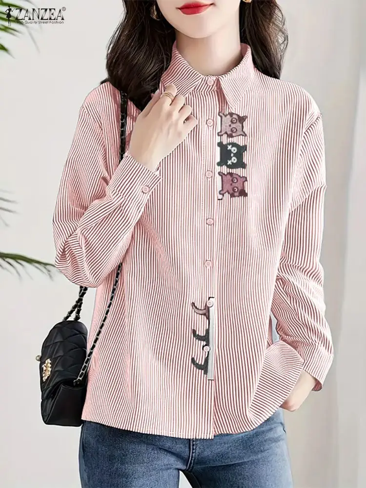 ZANZEA Mode Gestreiften Shirts Frauen Elegante Langarm Katze Drucken Patchwork Casual Bluse Herbst Tunika Tops Vintage Weibliche Blusa